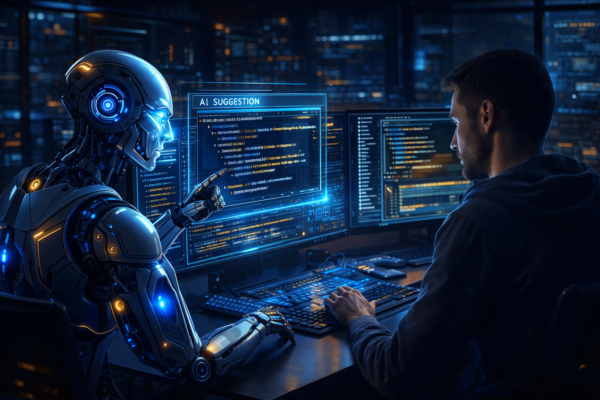 Developer using AI coding assistant like GitHub Copilot on a laptop screen