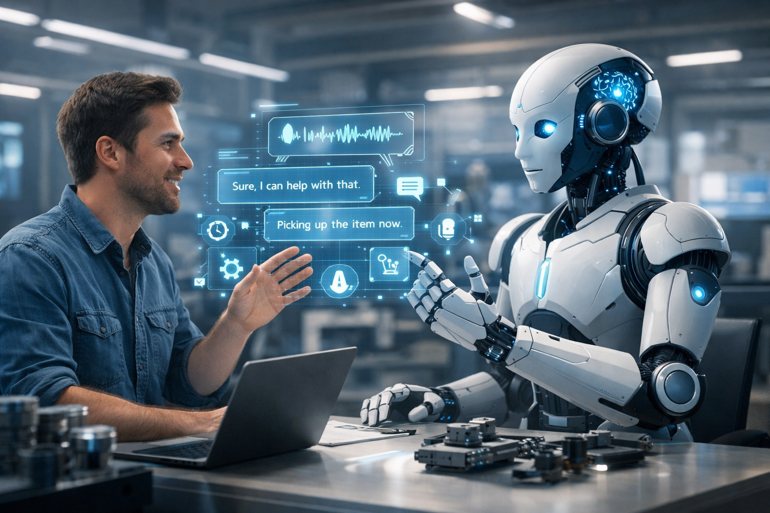 Human and AI-powered robot collaborating in a modern workplace using NLP voice commands