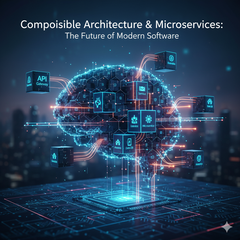 Diagram showing composable architecture and microservices structure for modern software development