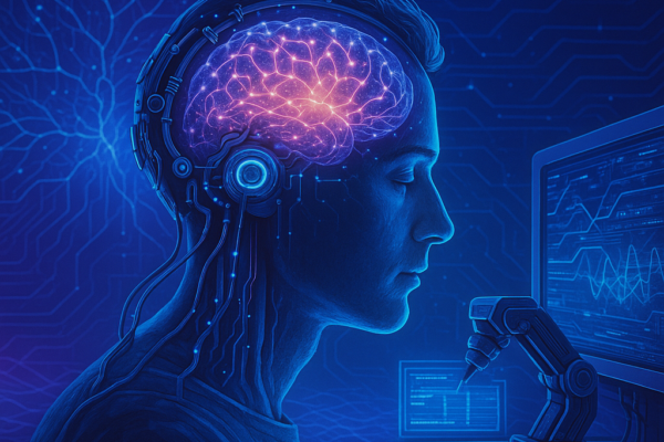 Person wearing a non-invasive brain-computer interface headset controlling a device with thoughts