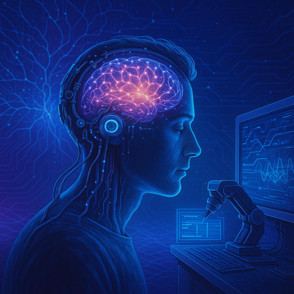 Person wearing a non-invasive brain-computer interface headset controlling a device with thoughts