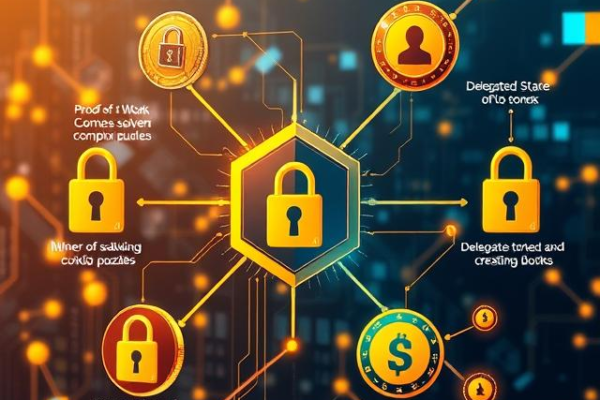 Diagram showing different blockchain consensus mechanisms including Proof of Work, Proof of Stake, and DPoS