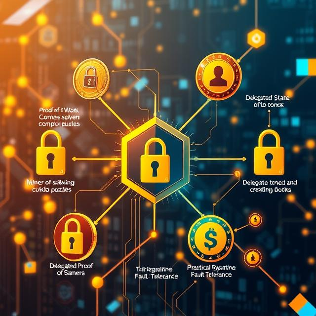 Diagram showing different blockchain consensus mechanisms including Proof of Work, Proof of Stake, and DPoS