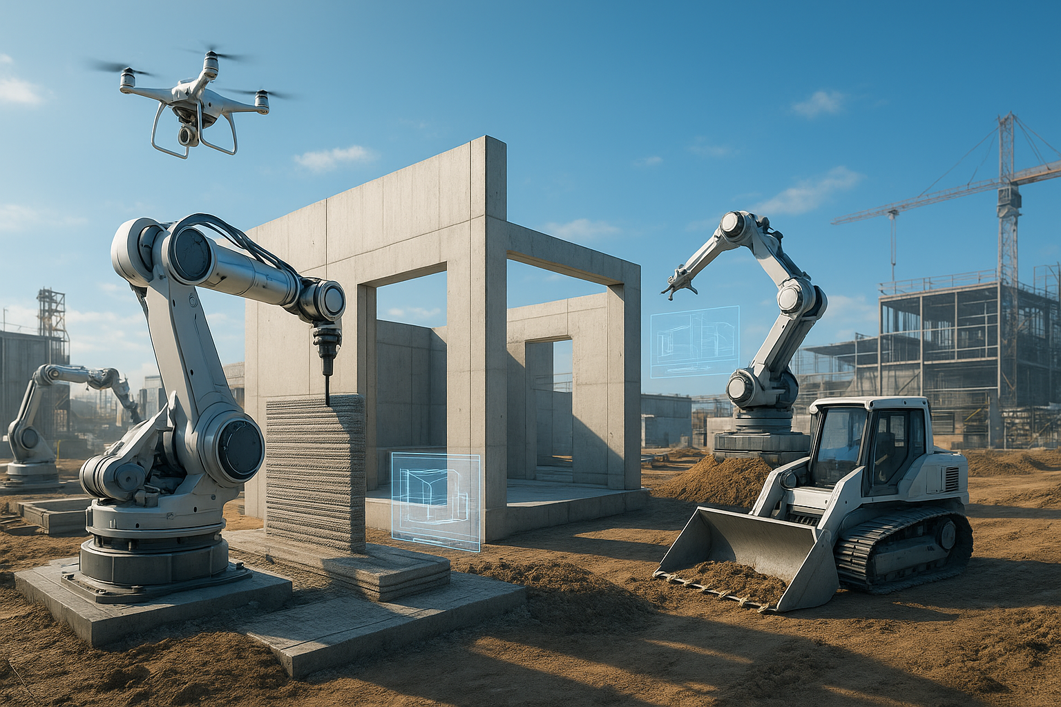 Autonomous construction robots and 3D printers building a structure on a modern job site