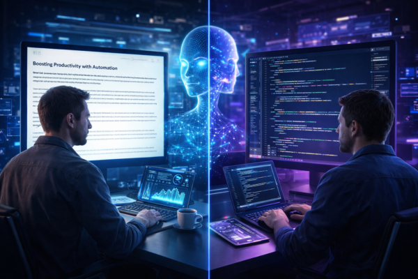 Generative AI helping developers write code and create content on a computer screen