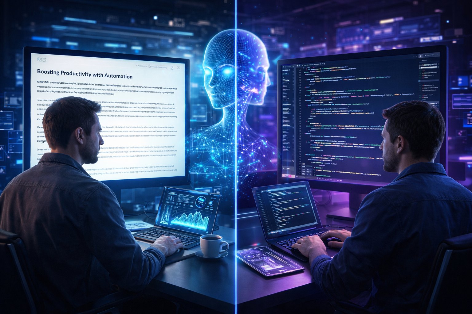 Generative AI helping developers write code and create content on a computer screen