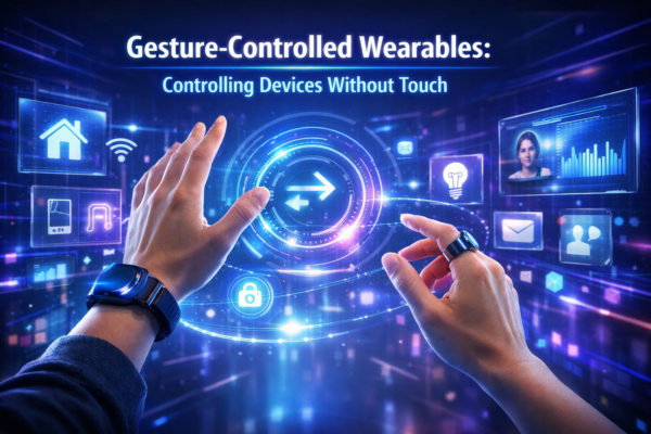 Person using gesture-controlled wearable on wrist to control smart home devices without touching a screen
