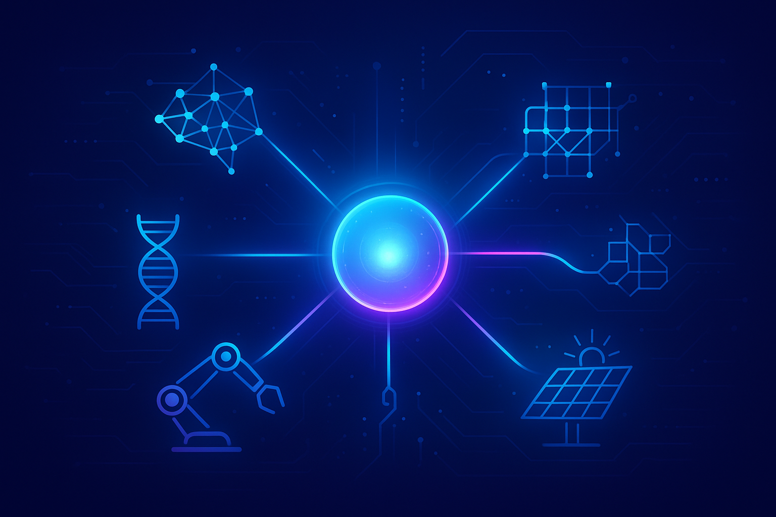 Illustration of technology convergence showing AI, robotics, biotechnology and data analytics merging into hybrid innovations