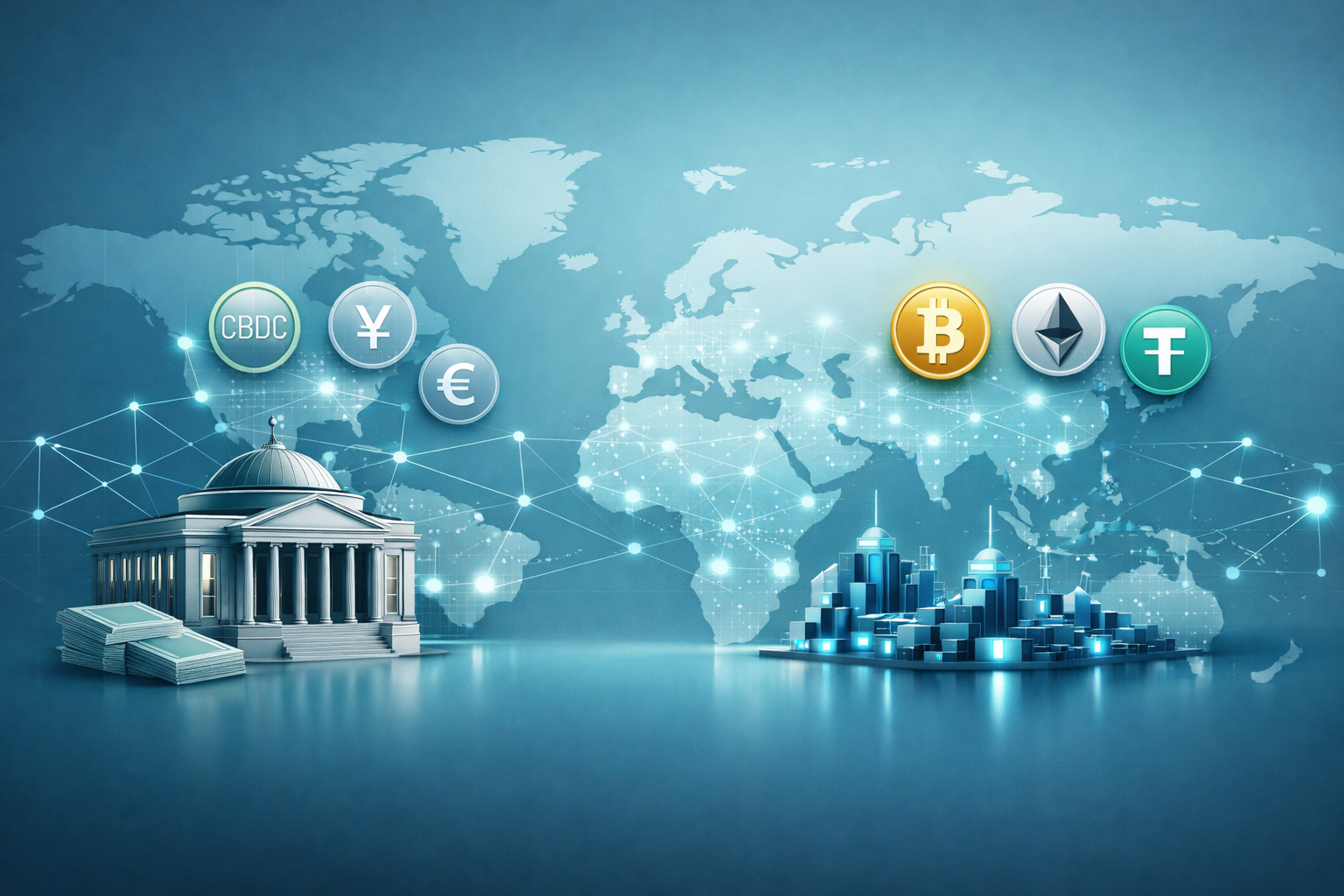 Bitcoin and digital currency symbols competing against traditional fiat money representing the digital currency battle