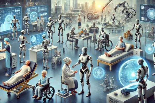 A humanoid robot interacting with a human in a modern workspace