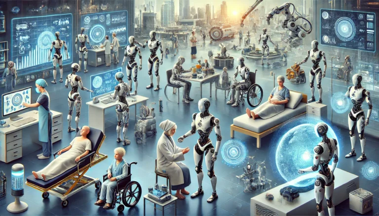 A humanoid robot interacting with a human in a modern workspace