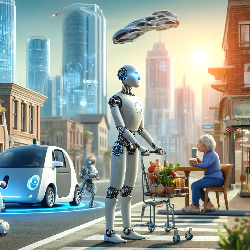 Robots being used in everyday life including home cleaning, healthcare, education, and kitchen assistance