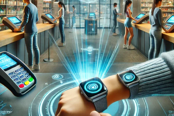 Person tapping a smartwatch on a contactless payment terminal to make a wearable payment