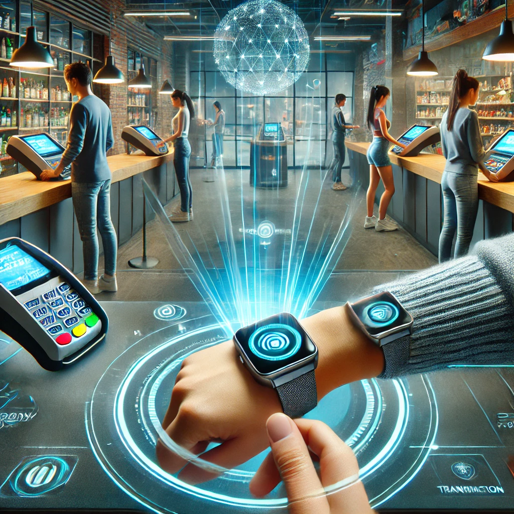 Person tapping a smartwatch on a contactless payment terminal to make a wearable payment