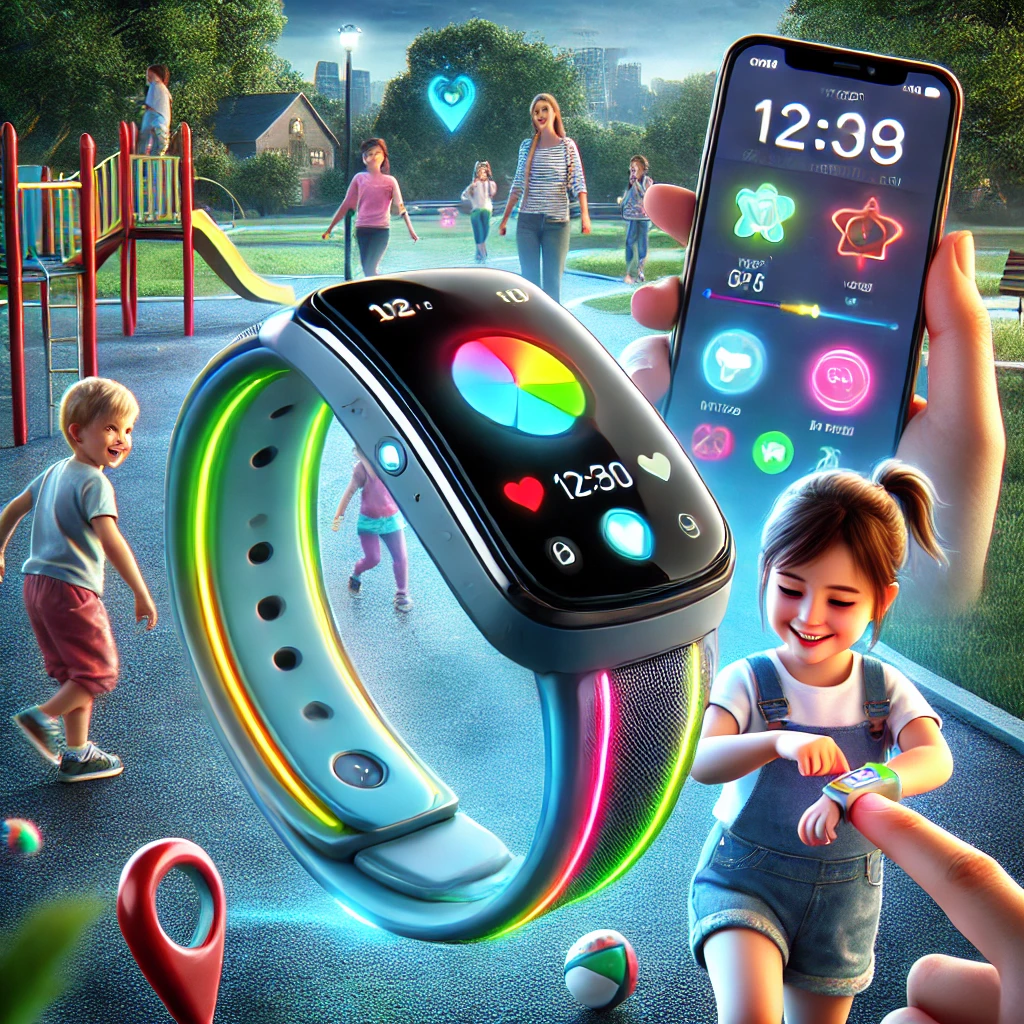Child wearing a GPS-enabled smartwatch with colorful band for safety and fitness tracking