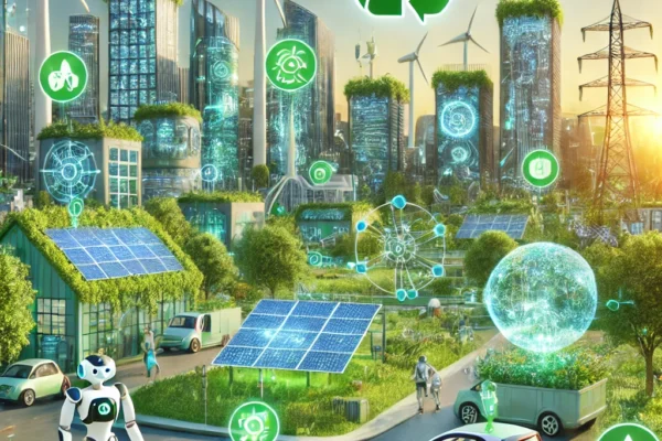 Industrial automation robots working in a green manufacturing facility to reduce carbon footprint