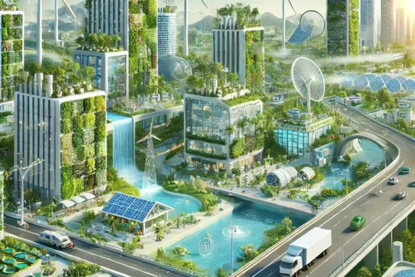 Engineers working on climate-resilient infrastructure and sustainable building design
