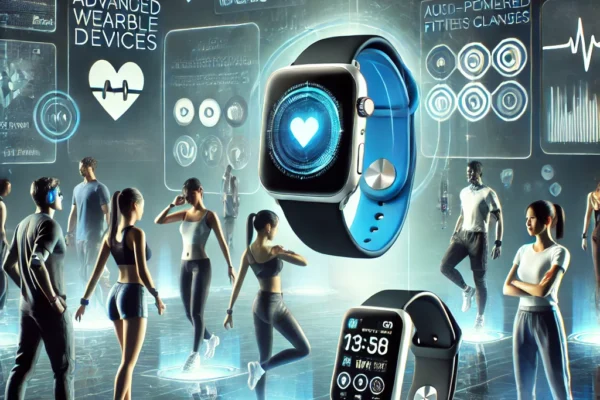 Future wearable devices including smartwatch and fitness tracker showing health monitoring features