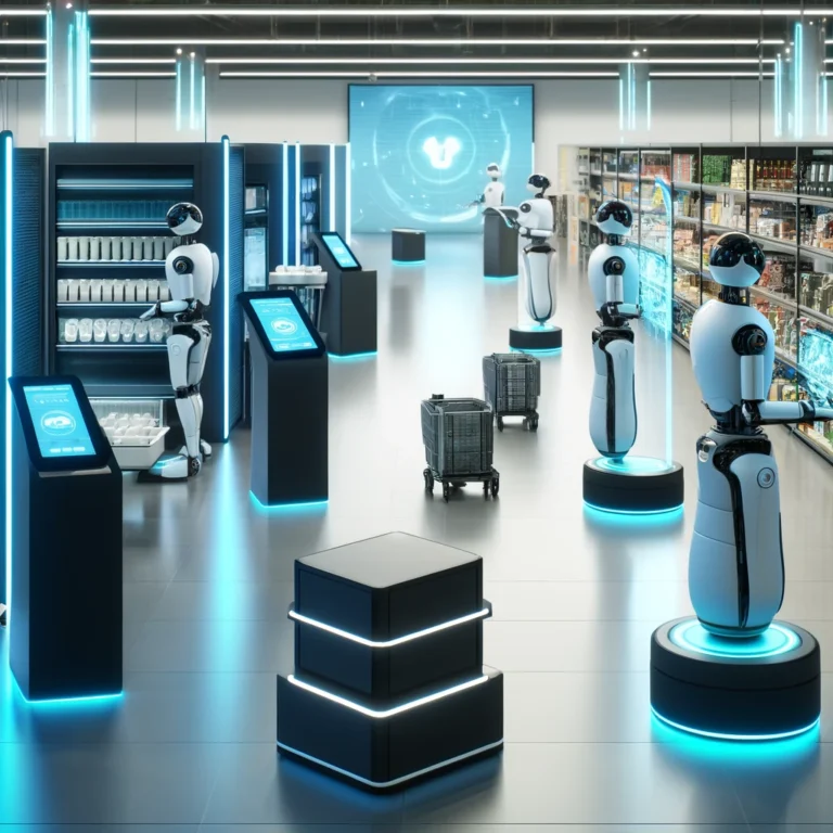 Service robot assisting a customer inside a modern retail store