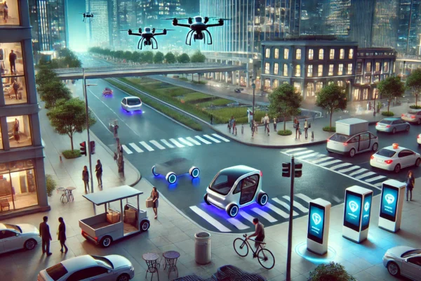 Autonomous delivery robot moving along a city pavement with buildings in the background