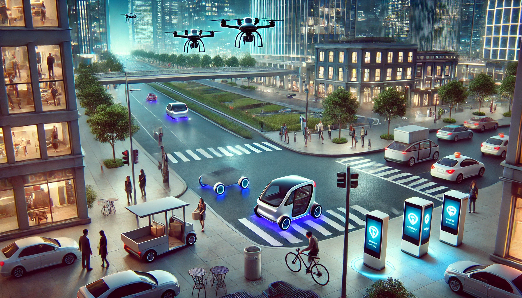 Autonomous delivery robot moving along a city pavement with buildings in the background