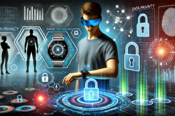 Smartwatch displaying health data with privacy and security icons overlay