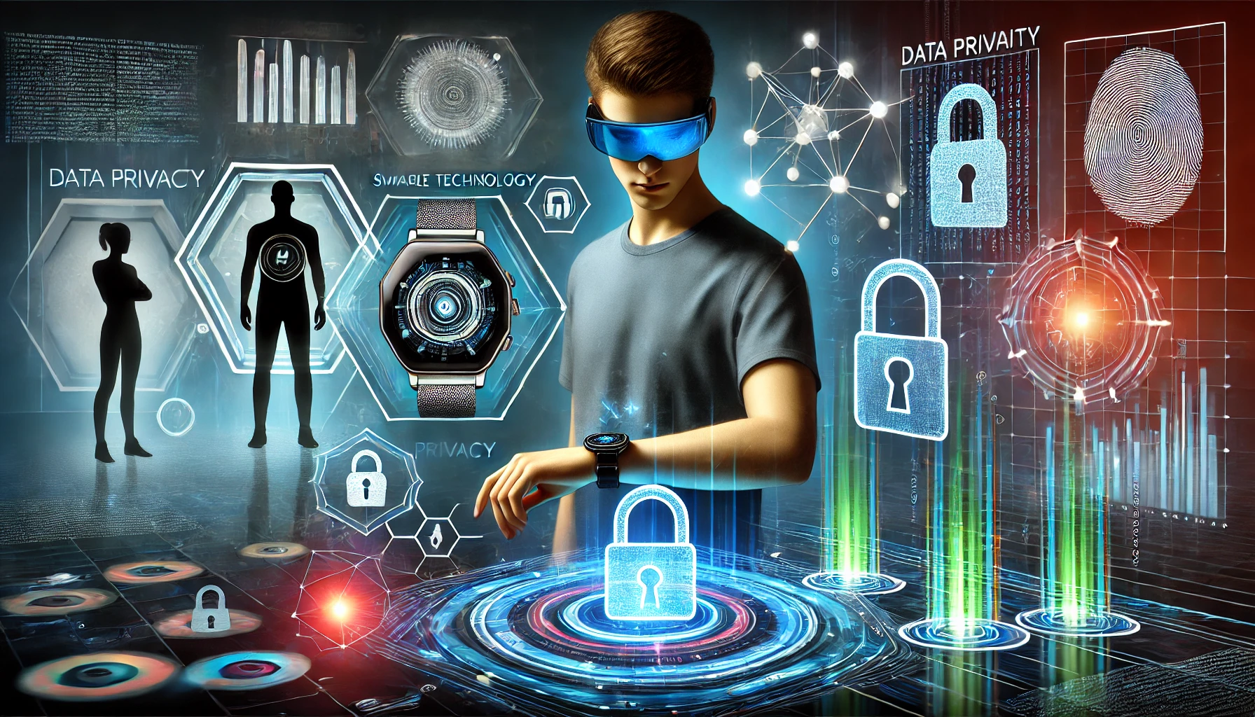 Smartwatch displaying health data with privacy and security icons overlay