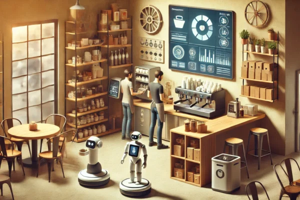 Collaborative robot working alongside a small business employee on an assembly line