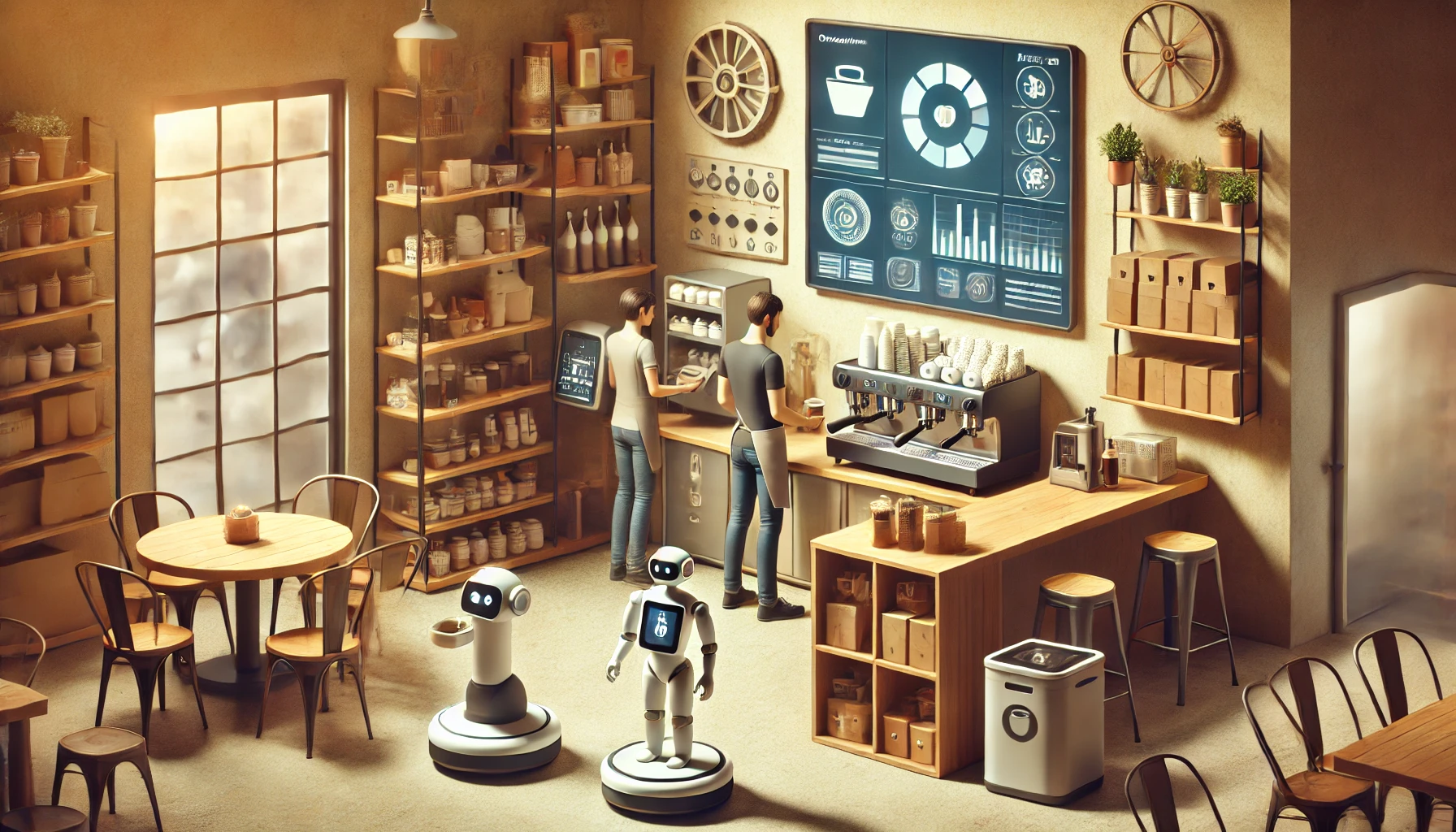 Collaborative robot working alongside a small business employee on an assembly line