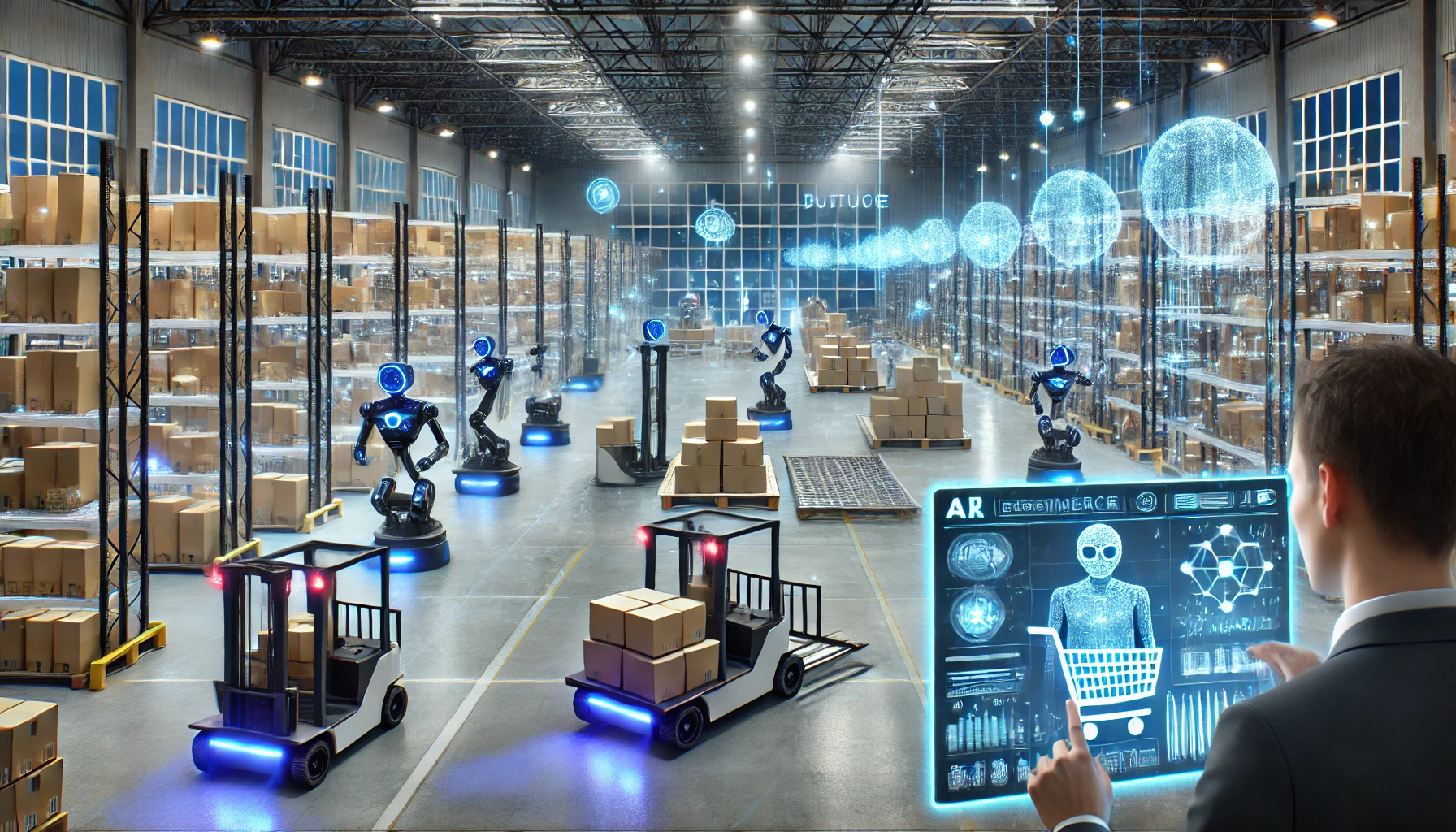 Warehouse robots sorting and picking products in an automated e-commerce fulfillment center