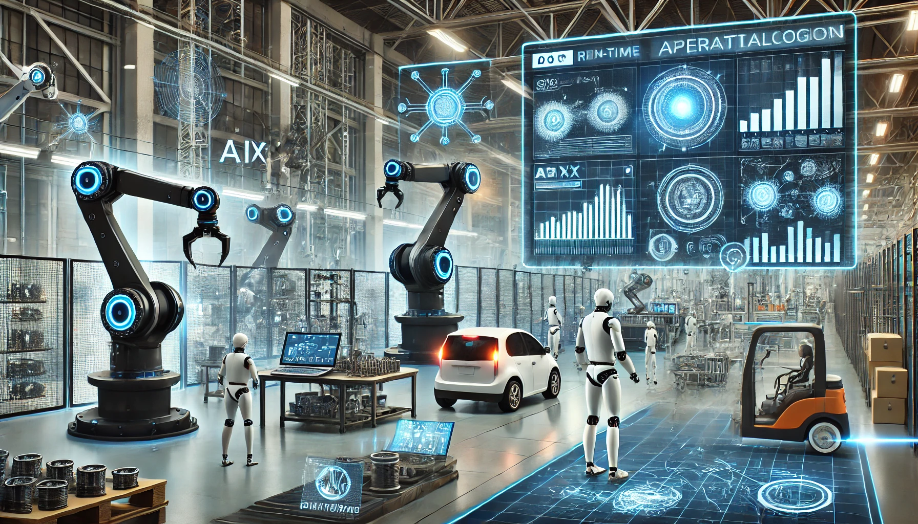 Industrial robots and automation technologies on a modern factory floor
