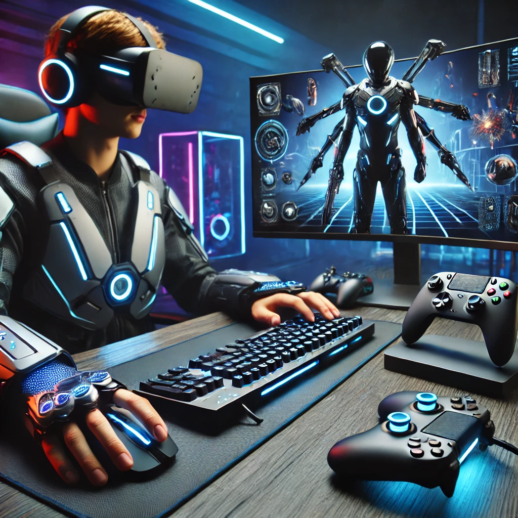 Gaming gadgets and wearables including VR headset, smartwatch, gaming headset and controller on a desk