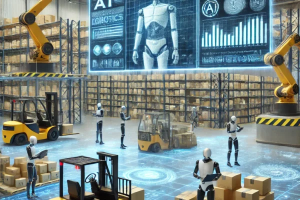 Autonomous mobile robots working in a modern warehouse for supply chain automation