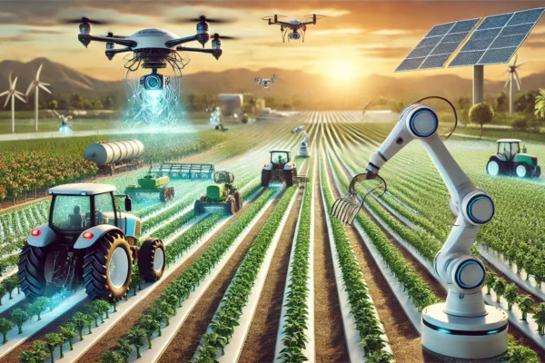 Robotic harvester and agricultural drone working in a modern farm field