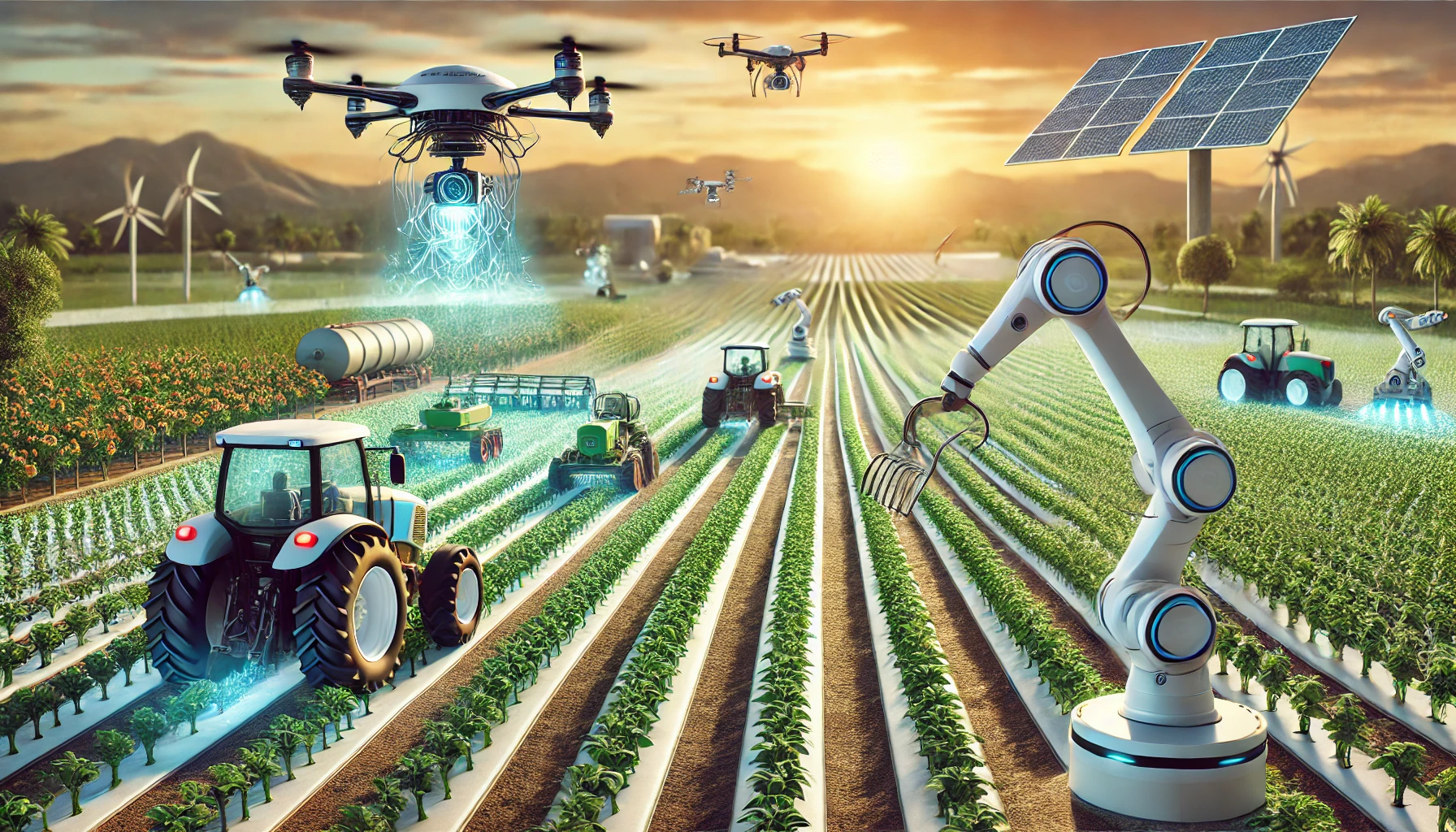Robotic harvester and agricultural drone working in a modern farm field