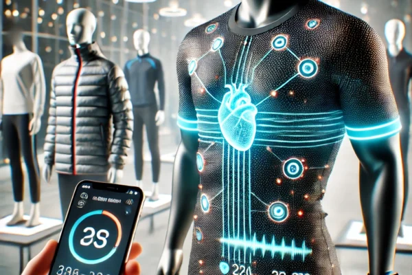 Person wearing smart clothing with embedded sensors for fitness tracking and health monitoring