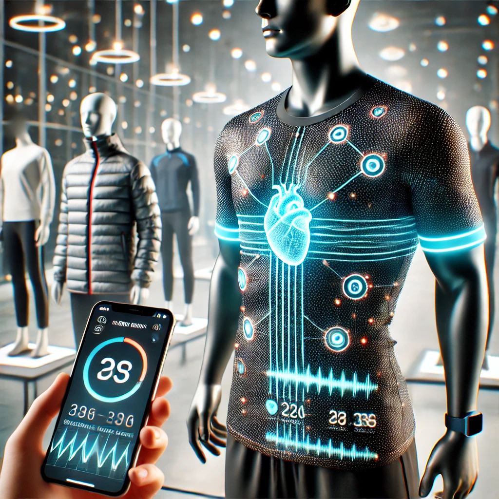Person wearing smart clothing with embedded sensors for fitness tracking and health monitoring