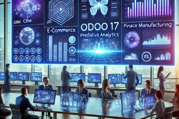 Odoo 17 ERP platform showing AI features, dashboard, and business management tools