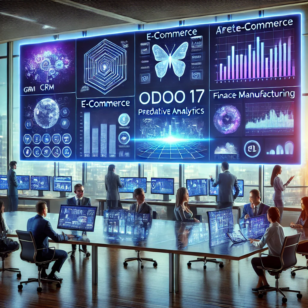 Odoo 17 ERP platform showing AI features, dashboard, and business management tools