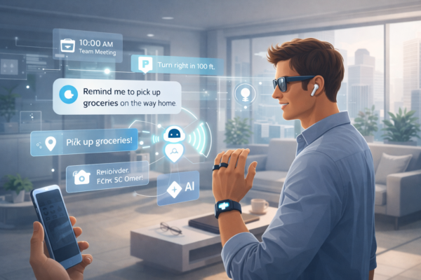 Person wearing AI smart glasses and smartwatch for hands-free daily tasks