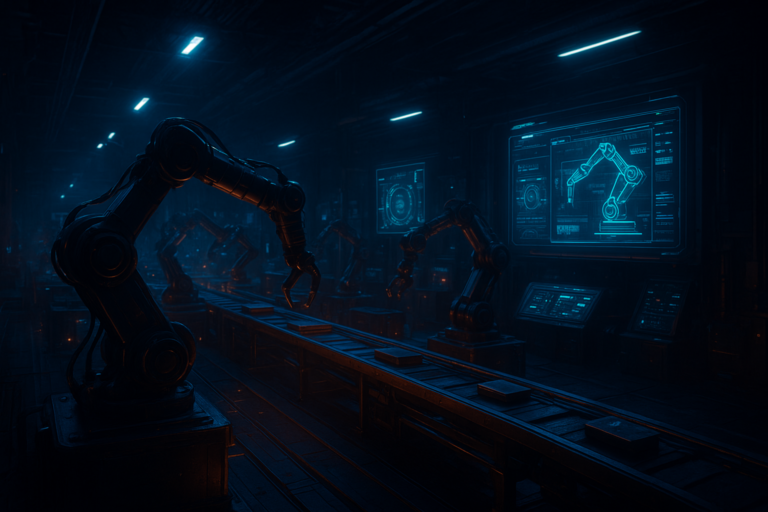 Robots and AI systems operating inside a fully automated dark factory with no human workers