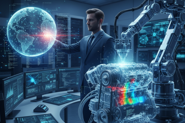 Data-Centric Engineering and Hybrid Modeling concept showing digital twin and IoT sensor integration in industrial setting