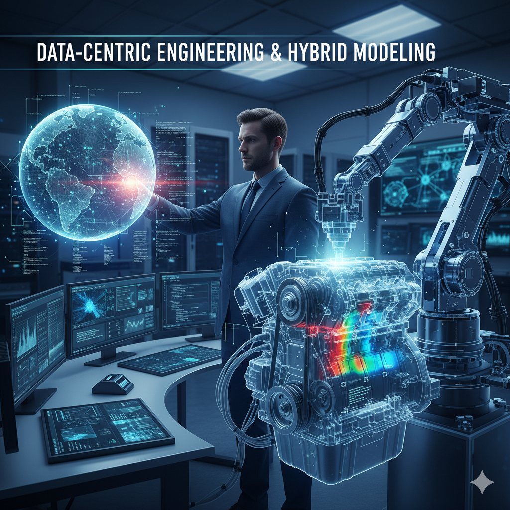 Data-Centric Engineering and Hybrid Modeling concept showing digital twin and IoT sensor integration in industrial setting