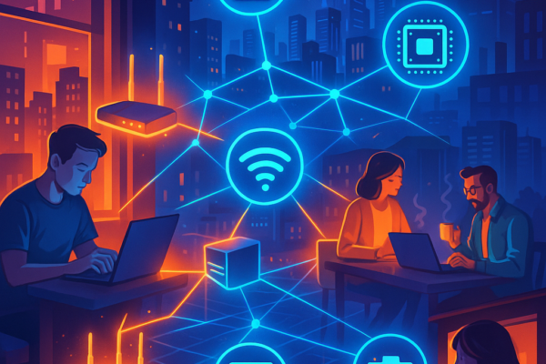 Illustration of Decentralized Physical Infrastructure Networks (DePIN) showing blockchain-connected devices sharing resources