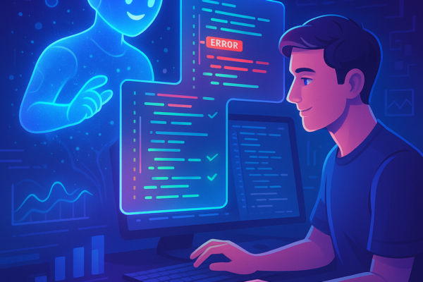 Developer using AI-powered debugging tools to fix code errors faster on a computer screen