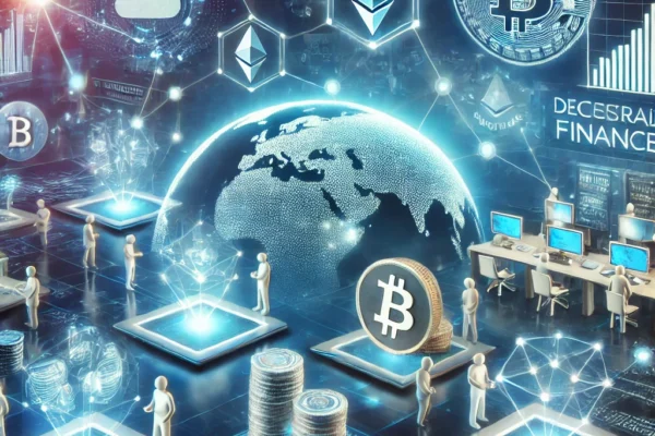 Decentralized Finance DeFi blockchain network with smart contracts and cryptocurrency tokens