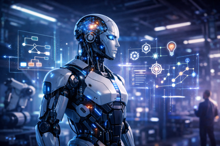 Agentic AI robot making autonomous decisions in an industrial environment