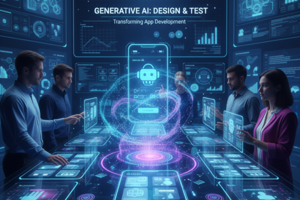 Developer using generative AI tools for app design and testing on a computer screen