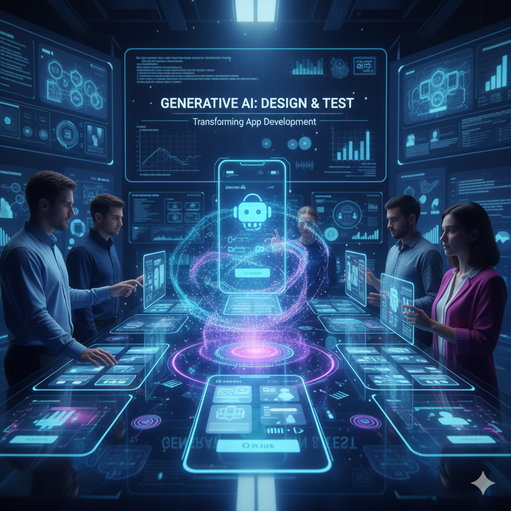 Developer using generative AI tools for app design and testing on a computer screen