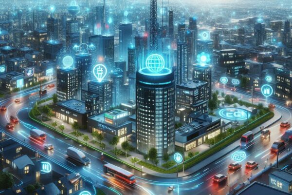 Edge computing diagram showing data processing near IoT devices and smart city infrastructure